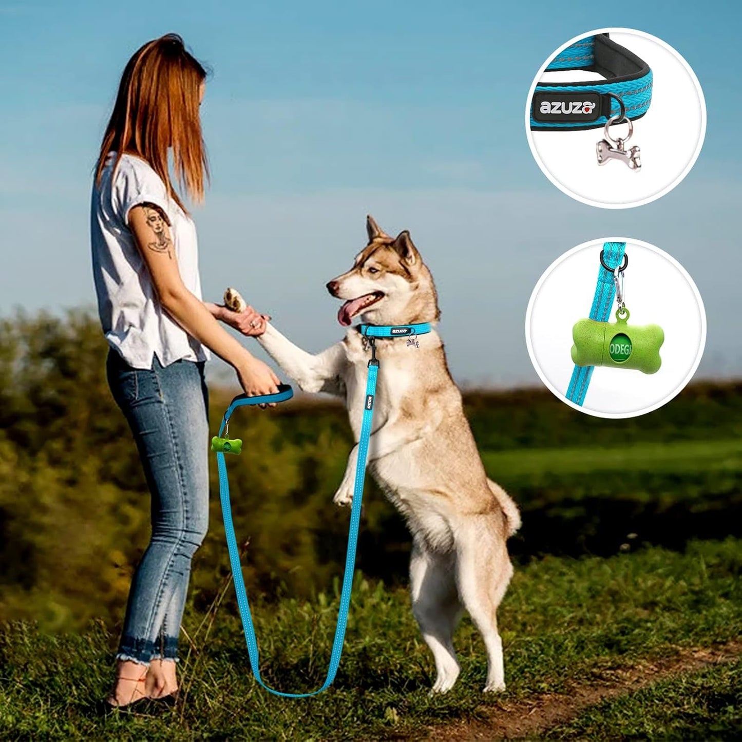 Durable Padded Dog Leash and Collar Set, with Airtag Holder and Reflective Strip, Extra Safe and Comfy for Small Dogs,Blue