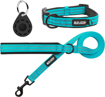 Durable Padded Dog Leash and Collar Set, with Airtag Holder and Reflective Strip, Extra Safe and Comfy for Small Dogs,Blue